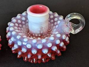 Pair of Fenton Cranberry Hobnail Candleholders