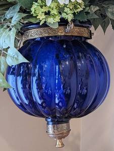 Vintage Hanging Cobalt Glass Bowl and Faux Floral Arrangement