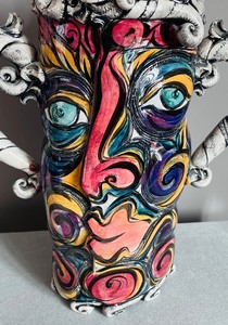 lot 125 image: Artisan Colorful and Detailed Face Vase