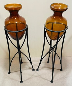 lot 149 image: Amber Colored Glass Vases on Marvelous Metal Stands