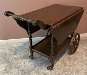 lot 181 image: Vintage Wooden Tea Cart with Hinged Leaves