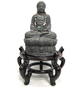 lot 18 image: Larger Size Ceramic Buddha Statue on Oriental Wood Stand