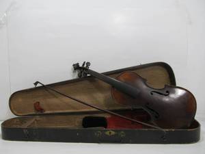 lot 19 image: Antique Violin wBow & Wooden Coffin Case