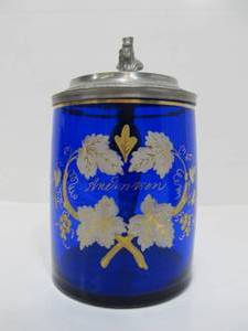 lot 71 image: Antique Cobalt Blue Glass Beer Stein wHorse & Plow Lid - Andersen