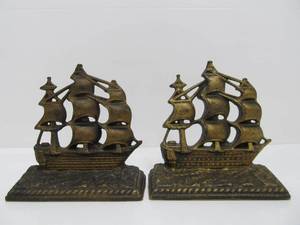 lot 80 image: Vintage 1930s era Brass or Cast Metal Clipper Ship Bookends