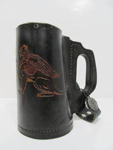lot 88 image: Hand Made Boars Head Leather Beer Mug Tankard