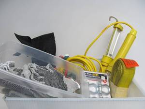 lot 63 image: Large Bin Full of Good Garage Items - Hanging Work Lamps, Extension cords etc