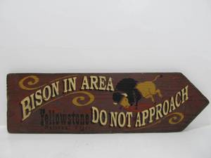 lot 104 image: Vintage Style Painted Wood Yellowstone Park Sign Bison in Area - Do Not Approach