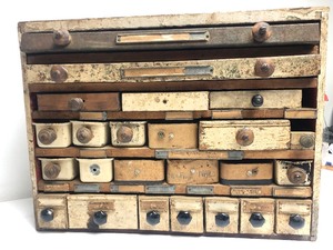 lot 4 image: Awesome Antique 1920s-30s Multi Drawer PartsHardware Cabinet
