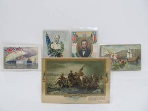 lot 175 image: Great Lot of 5 Antique American Patriotic Postcards - Lincoln, Washington etc