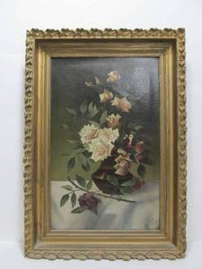 lot 176 image: Beautiful Antique Framed Oil on Canvas Still Life Painting