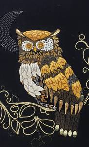 lot 234 image: Mid Century Golden Owl Sequin Colorful Bead Wall Art 25