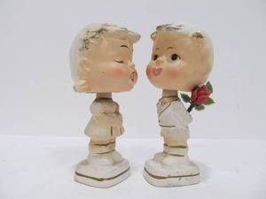 lot 241 image: Vintage Enesco Ceramic Boy & Girl Bobbleheads