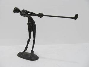 lot 242 image: Vintage Giacometti-Style Abstract Swinging Golfer Brutalist Figural Bronze Sculpture