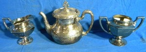 Antique Homan Triple Silver Plated Hinged Etched Teapot and Vintage Derby S.P. CO. Silverplate Creamer & Sugar Server