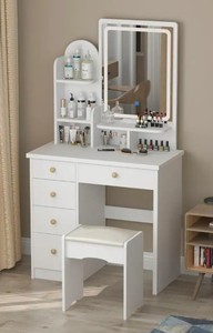 FUFU&GAGA 5-Drawers White Makeup Vanity Sets Dressing Table Sets With Stool, Mirror, LED Light and 3-Tier Storage Shelves
