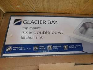 lot 28 image: Glacier Bay Drop-In Stainless Steel 33 in. 4-Hole Double Bowl Kitchen Sink