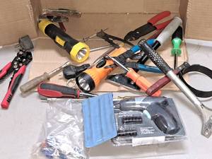 Lot of  Hand Tools - Cordless Screwdriver (in packaging), File Set (in pouch), Flashlights, Nutdrivers, Wire Cutters, Scrapers, Filter Wrench, Misc. Tools