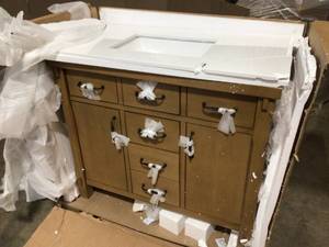 lot 1 image: Home Decorators Collection Bellington 42 in. W x 22 in. D x 34.5 in. H Vanity in Almond Toffee with White Engineered Stone Top - Has Broken Top, Review al pictures