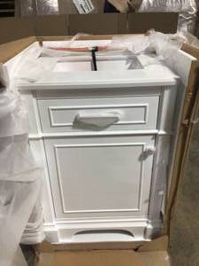 lot 5 image: Home Decorators Collection Melpark 24 in. W x 20 in. D x 34.5 in. H Bath Vanity in White with White Cultured Marble Top, Customer returns, Review all pictures
