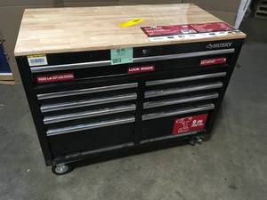 Husky46 in. W x 24.5 in. D Standard Duty 9-Drawer Mobile Workbench Cabinet with Solid Wood Top in Gloss Black