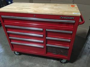 Husky 42 in. W x 18.1 in. D 8-Drawer Red Mobile Workbench Cabinet with Solid Wood Top, Customer return, Review all pictures
