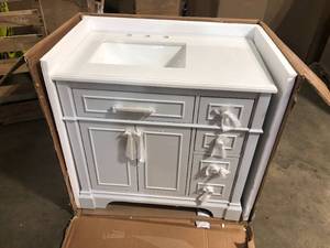 lot 14 image: Home Decorators Collection Melpark 36 in. W x 22 in. D x 34.5 in. H Bath Vanity in Dove Gray with White Cultured Marble Top, Open Box, Review all pictures