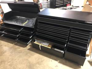 lot 34 image: Husky 56 in. W x 22 in. D Heavy Duty 18-Drawer Combination Rolling Tool Chest and Top Tool Cabinet Set in Matte Black, Customer return, Review all pictures