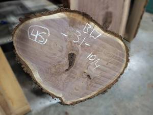 lot 45 image: BLACK WALNUT Live Edge Slice - Thickness 2-12 x 31 x 26 Max Width - Kiln Dried and Surfaced
