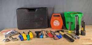 lot 117 image: Assorted Tools Auto Emergency Kit, Batteries, Flashlights, Cord Caddy and More B
