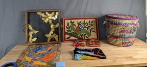 lot 119 image: Colorful and Exotic Decor Items Framed Bird Art, Serving Tray, Tapestry, Chumpi Stones and More B