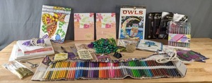 lot 108 image: Assortment of Arts & Crafts Adult Coloring Books, Colored Pencils w Case, Gel Pens, & Much More B