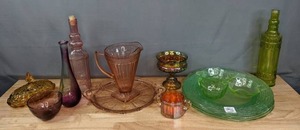 lot 105 image: Beautiful Glass Collection Uranium Pieces, Pier 1, Burton & Burton, Bottles, Plates, Candy Dishes, & More B