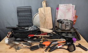 lot 106 image: Kitchen Essentials Cooling Rack, Roasting Pan, Cupcake Pan, Mixing Bowls, Pizza Pan, Cutting Board, Spatulas, & Much More B