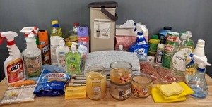 lot 122 image: Household Chemicals Cleaning Supplies (Ivory, Pine Sol, Lysol, Comet), Plant Care (Miracle Gro, Schultz), Scented Candles, Off Insect Repellent, Magic Mop with Bucket, and More  B