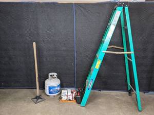 lot 142 image: 6 Fiberglass Step Ladder, Small Propane Tank, Olympia Tamper, Assorted Light Bulbs, Wood FurniturePlant Dolly, Basic Tool Kit B