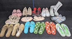 lot 160 image: (15) Pairs of Womens Size 7-9 Western Chief Boots, Fila Slides, Iconic Crocs Comfort Sandals, Flip Flops, Sneakers and More B