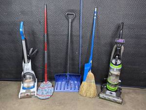 lot 161 image: Bissell Vacuum Cleaner, Broom & Dust Pan, Snow Shovel, Mop and Hoover Carpet Cleaner B