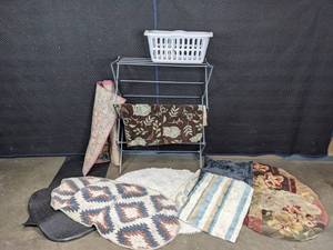 lot 138 image: (10) Assorted Small RugsMats (Safavieh, etc), Collapsable Laundry Drying Rack, and Laundry Basket B