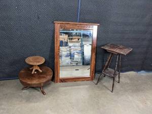 lot 139 image: Beautiful Large Wood Framed Mirror, Tall Side Table, (2) Short Round Side Tables B