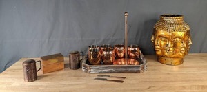 lot 145 image: Beautiful Copper BarwareMoscow Mule Set, Copper Recipe Box, Salt & Pepper Shakers, and Perpetual Face Vase B