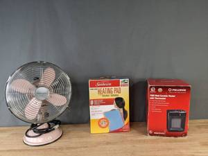 lot 146 image: Insignia Tabletop Oscillating Fan, Sunbeam Electric Heating Pad, Pelones 1500W Space Heater B