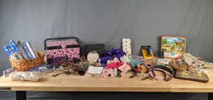 lot 148 image: Assortment of Incense, Sewing Supplies, Dominos, Puzzle, Handbags, Office Supplies and More B