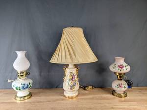lot 152 image: Set of 3 Vintage Lamps Featuring Milk Glass, Hurricane Lamp Styles and Hand Painted Table Lamp B