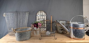 lot 143 image: Farmhouse Chic Decor - Wire and Galvanized Bins, Watering Can, Paper Towel Holder, Wall Decor, and more B