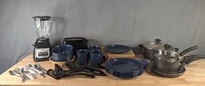 lot 166 image: Nalla Collection 18 Pcs. Silverware, Mainstays Chiara Collection Stoneware Plates, Bowls and Cups, Farberware Pans and More N