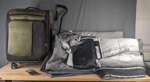 lot 167 image: Swiss Tech Soft Side Rolling Luggage, 21 x 54 Pillow, Sheets, Etc. N
