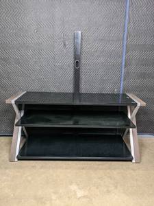 lot 179 image: Black Floor TV Stand with 3-Tier Tempered Glass Shelves and Mounting Bar N
