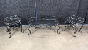 lot 186 image: 3 Piece Traditional Silver Metal and Glass Coffee and End Table Set with Gold Accents K