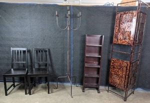 lot 196 image: (2) Ikea Stefan Wood Chairs, 5-Tier Wood Shelf, Floor Standing Candelabra and Double Panel Room Divider K
